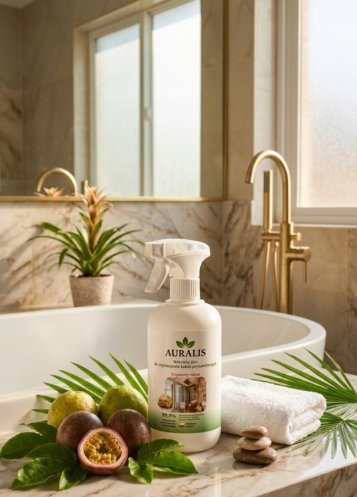 AURALIS płyn do mycia kabin prysznicowych Tropikalny nektar 500 ml – produkt do czyszczenia powierzchni łazienkowych, szyb i kabin prysznicowych bez zacieków.