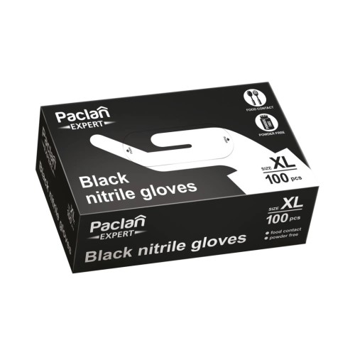Czarne opakowanie bezpudrowych rękawic nitrylowych Paclan Expert w rozmiarze XL, 100 sztuk.