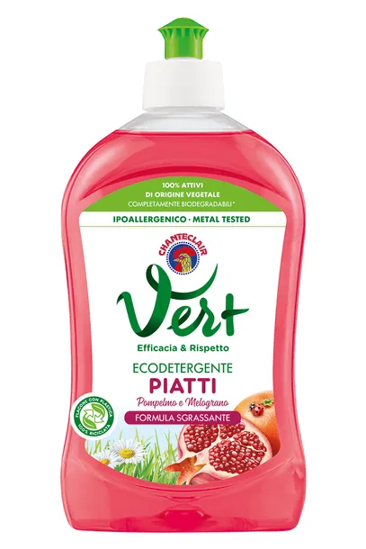 Różowa butelka ekologicznego płynu do mycia naczyń Chante Clair Vert o zapachu grejpfruta i granatu, pojemność 500 ml.
