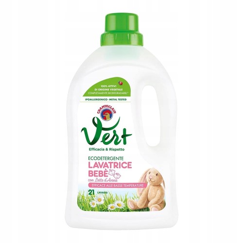 Biała butelka ekologicznego płynu do prania ubranek dziecięcych Chante Clair Vert Baby, pojemność 1L na 21 prań.