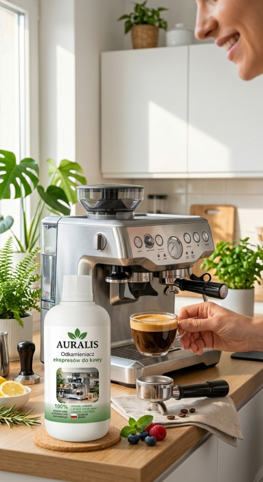 Auralis odkamieniacz ekspresów do kawy 500 ml podczas użycia w kuchni przy ekspresie ciśnieniowym