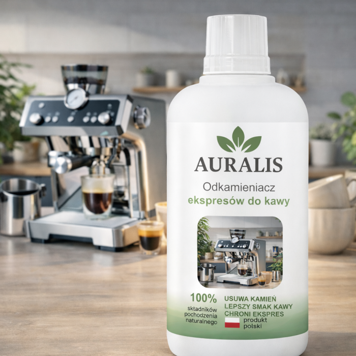 Auralis odkamieniacz do ekspresu 500 ml butelka produktu na tle ekspresu do kawy i ziaren