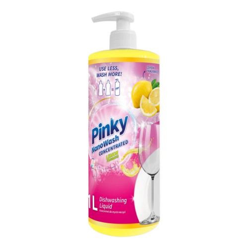 Różowa butelka z wygodną, żółtą pompką – cytrynowy koncentrat do mycia naczyń NanoWash Pinky o pojemności 1 litra.