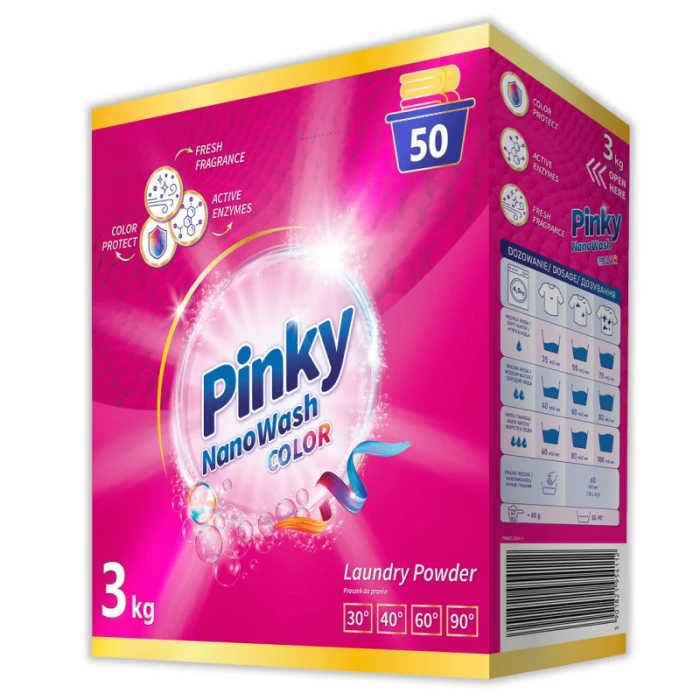 Różowe, kartonowe opakowanie proszku do prania tkanin kolorowych PINKY NanoWash Color, waga 3kg na 50 prań.