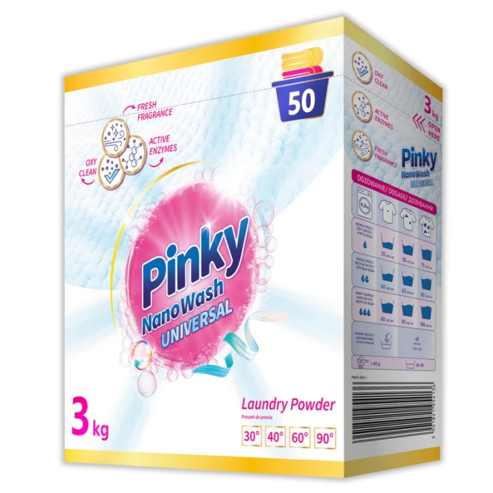 Jasne, kartonowe opakowanie proszku do prania białych i jasnych tkanin Pinky NanoWash Universal, waga 3kg na 50 prań.