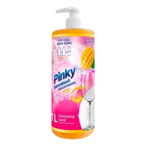 Różowo-pomarańczowa butelka z wygodną pompką – koncentrat do mycia naczyń o zapachu mango NanoWash Pinky, pojemność 1 litra.