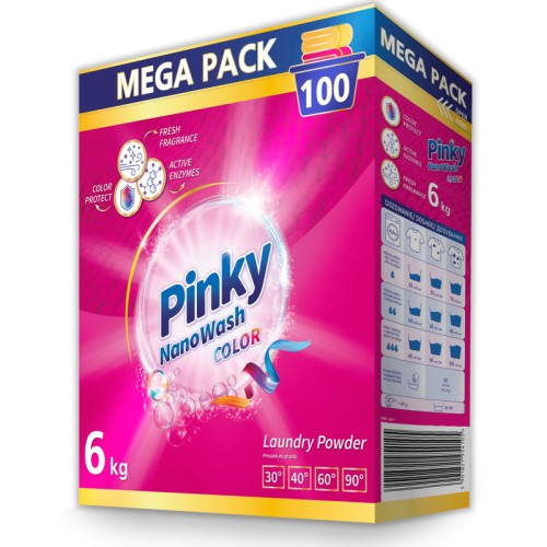 Duże, różowe opakowanie kartonowe proszku do prania tkanin kolorowych Pinky NanoWash Color, waga 6kg, zapas na 100 prań.