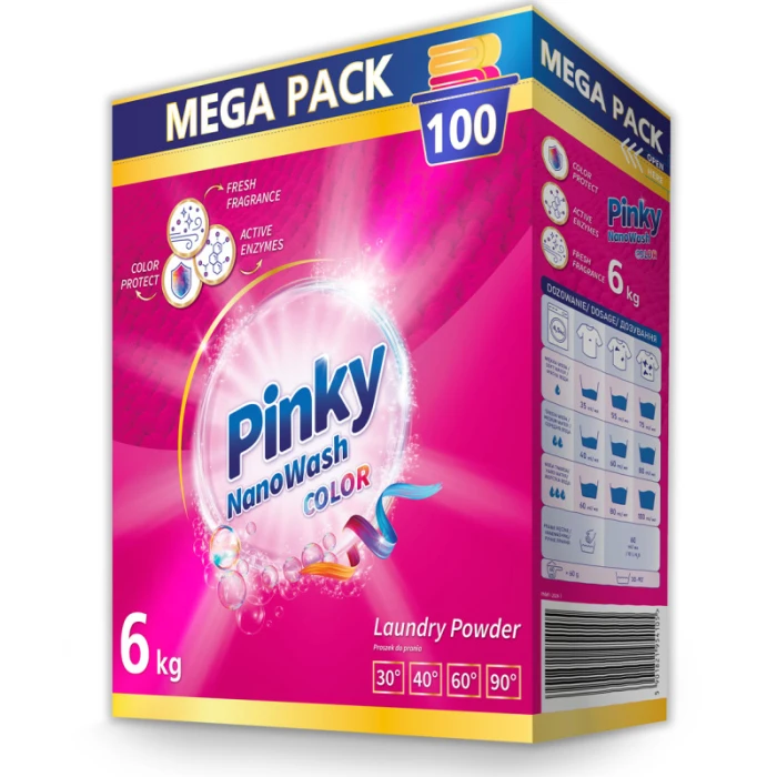 Duże, różowe opakowanie kartonowe proszku do prania tkanin kolorowych Pinky NanoWash Color, waga 6kg, zapas na 100 prań.