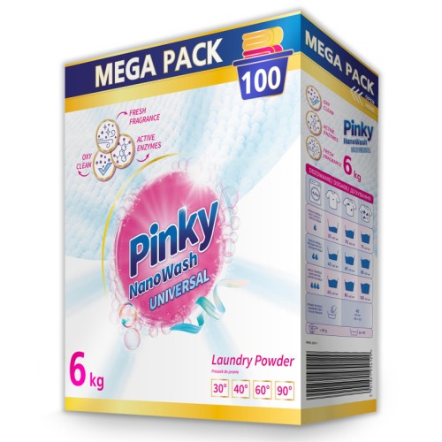 Jasne, kartonowe opakowanie uniwersalnego proszku do prania PINKY NanoWash Universal w formacie XXL, waga 6kg, zapas na 100 prań.