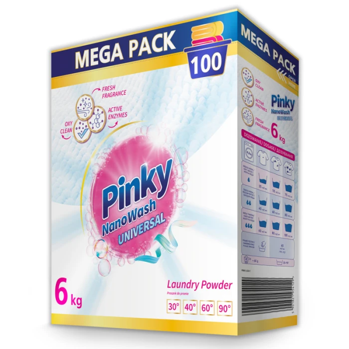 Jasne, kartonowe opakowanie uniwersalnego proszku do prania PINKY NanoWash Universal w formacie XXL, waga 6kg, zapas na 100 prań.