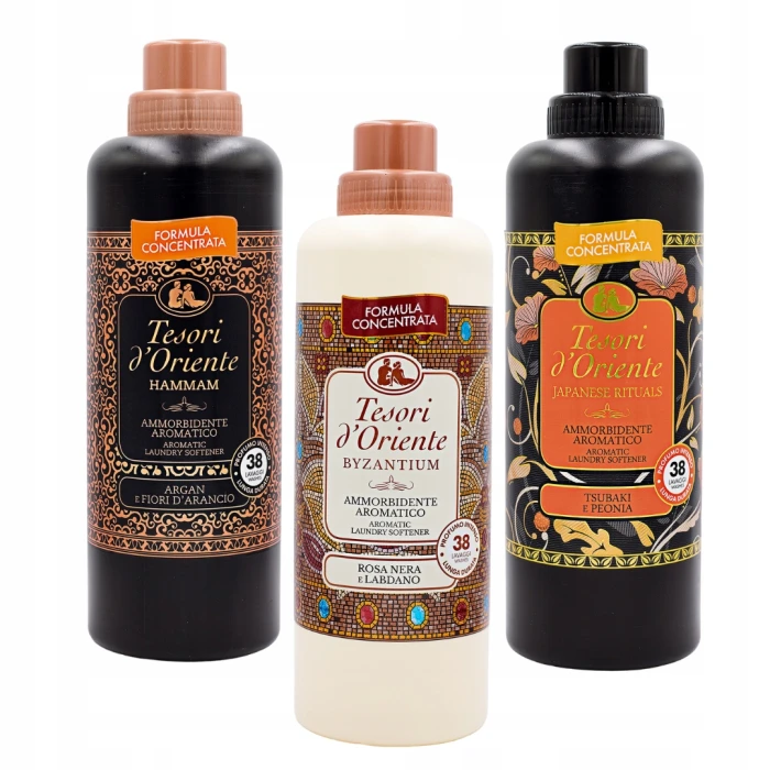 Zestaw trzech butelek skoncentrowanych płynów do płukania tkanin Tesori d'Oriente – Wyjątkowa Orientalna Pielęgnacja.