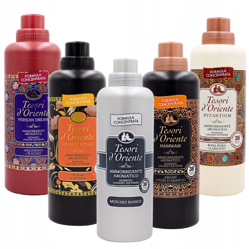 Zestaw pięciu różnych butelek skoncentrowanych płynów do płukania tkanin Tesori d'Oriente – Odkryj Magię Orientu.