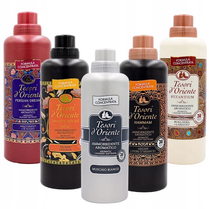 Zestaw pięciu różnych butelek skoncentrowanych płynów do płukania tkanin Tesori d'Oriente – Odkryj Magię Orientu.