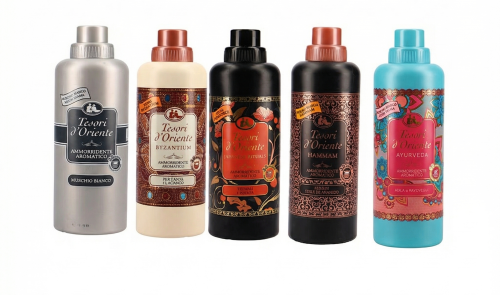 Zestaw pięciu różnokolorowych butelek płynów do płukania tkanin Tesori d'Oriente – Orientalna Uczta dla Zmysłów.