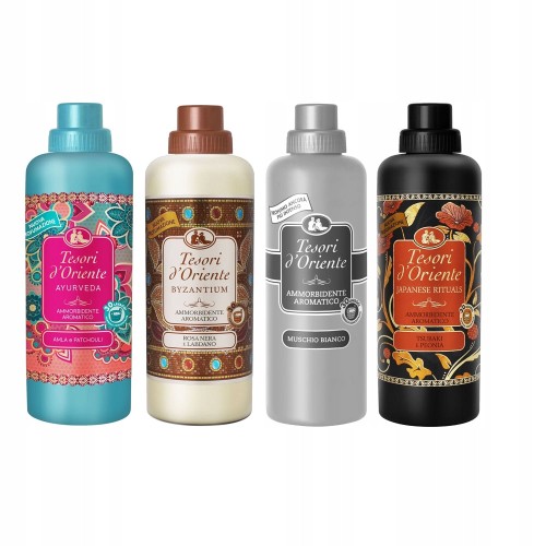 Zestaw czterech różnokolorowych butelek skoncentrowanych płynów do płukania tkanin Tesori d'Oriente – Nowe, Intensywniejsze Zapachy.