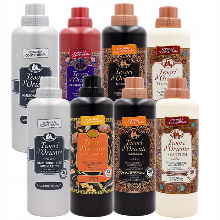 Megazestaw ośmiu różnokolorowych butelek luksusowych płynów do płukania tkanin Tesori d'Oriente o różnych zapachach.