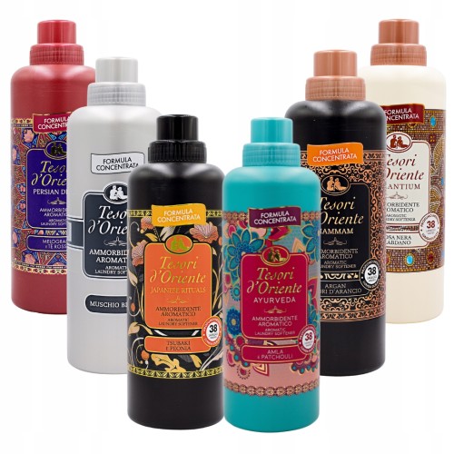Wielki zestaw sześciu różnokolorowych butelek skoncentrowanych płynów do płukania tkanin Tesori d'Oriente – Orientalna Podróż Zapachowa.