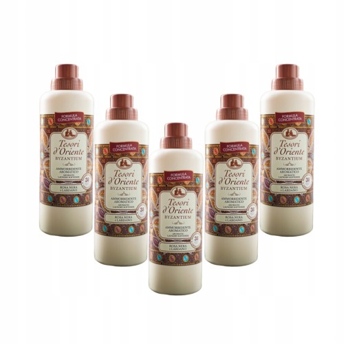 Zestaw pięciu jasnych butelek z bordowymi nakrętkami – skoncentrowany płyn do płukania tkanin Tesori d'Oriente Byzantium.