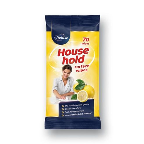 Granatowo-żółte opakowanie uniwersalnych chusteczek nawilżanych do czyszczenia powierzchni Deluxe Household, 70 sztuk.
