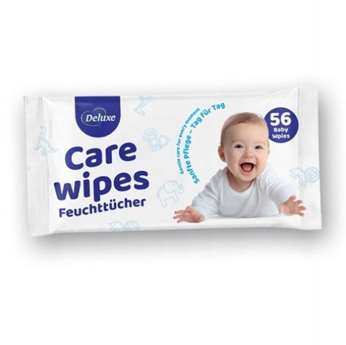 Biało-niebieskie opakowanie chusteczek nawilżanych dla dzieci Deluxe Care Wipes z wizerunkiem maluszka, pojemność 56 sztuk.