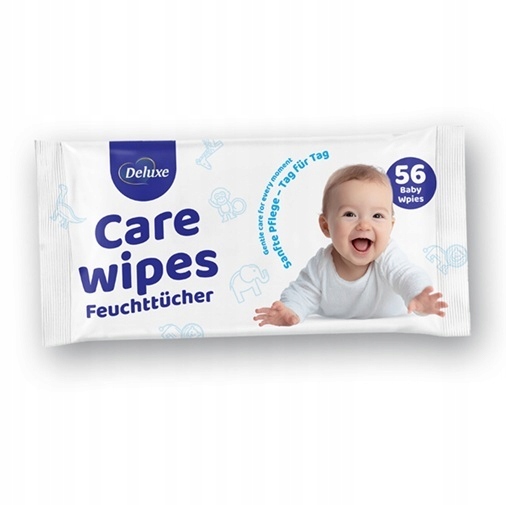 Biało-niebieskie opakowanie chusteczek nawilżanych dla dzieci Deluxe Care Wipes z wizerunkiem maluszka, pojemność 56 sztuk.