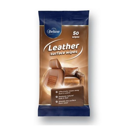 Granatowo-brązowe opakowanie nawilżanych chusteczek do pielęgnacji i czyszczenia skóry Deluxe Leather, meble i auto, 50 sztuk.