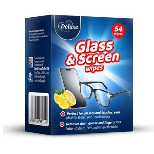 Niebieskie, kartonowe opakowanie nawilżanych chusteczek do czyszczenia okularów i ekranów Deluxe Glass & Screen Wipes, 54 sztuki.