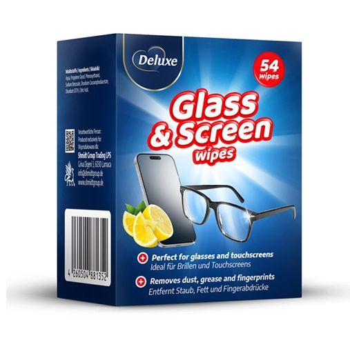 Niebieskie, kartonowe opakowanie nawilżanych chusteczek do czyszczenia okularów i ekranów Deluxe Glass & Screen Wipes, 54 sztuki.