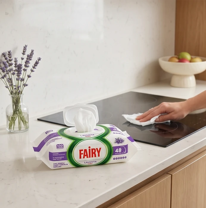 Chusteczki Fairy lawenda na blacie kuchennym obok wazonu z lawendą.