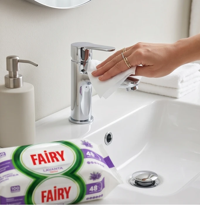 Czyszczenie baterii umywalkowej w łazience za pomocą chusteczek Fairy.