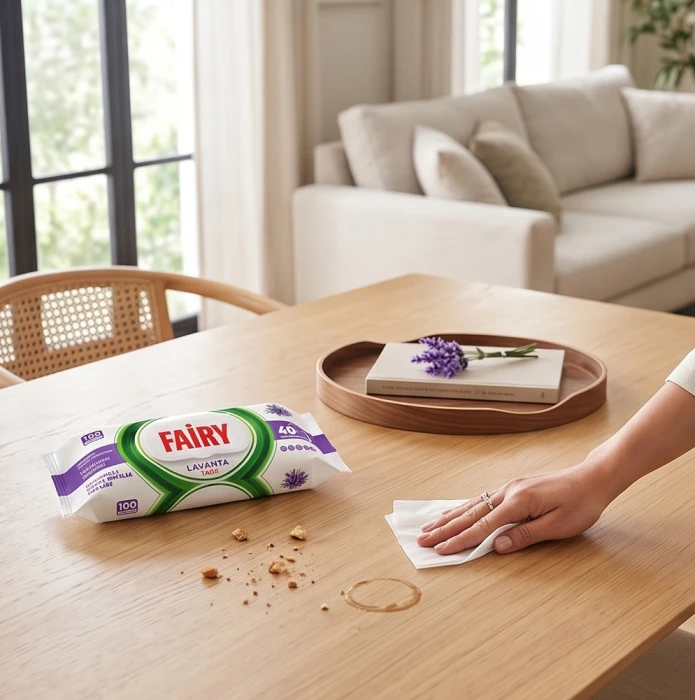 Wycieranie drewnianego stolika kawowego chusteczkami wielofunkcyjnymi Fairy.