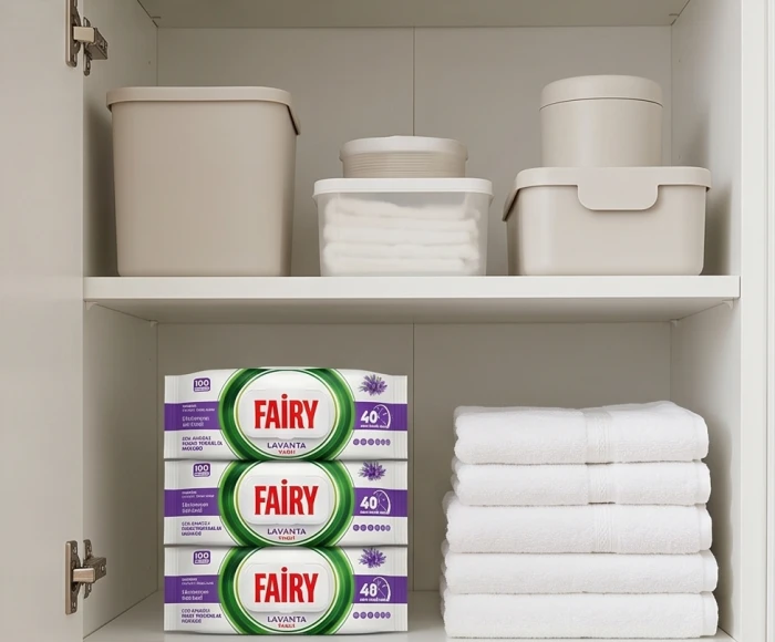 Zapas chusteczek czyszczących Fairy lawenda ułożony na półce w szafce.