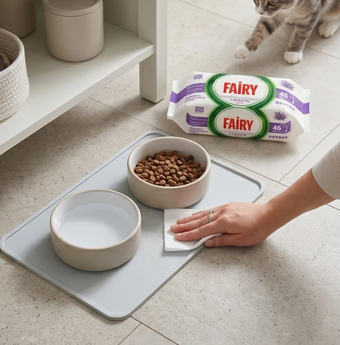 Sprzątanie kącika dla zwierząt i podkładek pod miski chusteczkami Fairy.