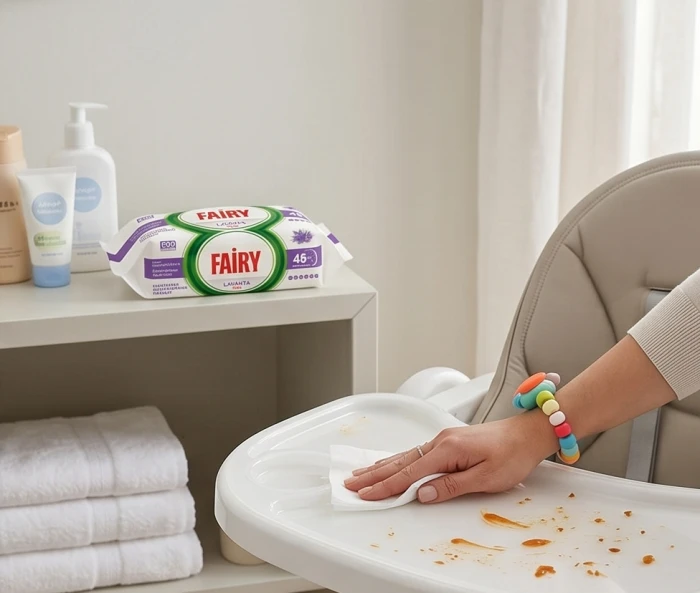 Chusteczki Fairy lawenda położone na brzegu wanny w jasnej łazience.