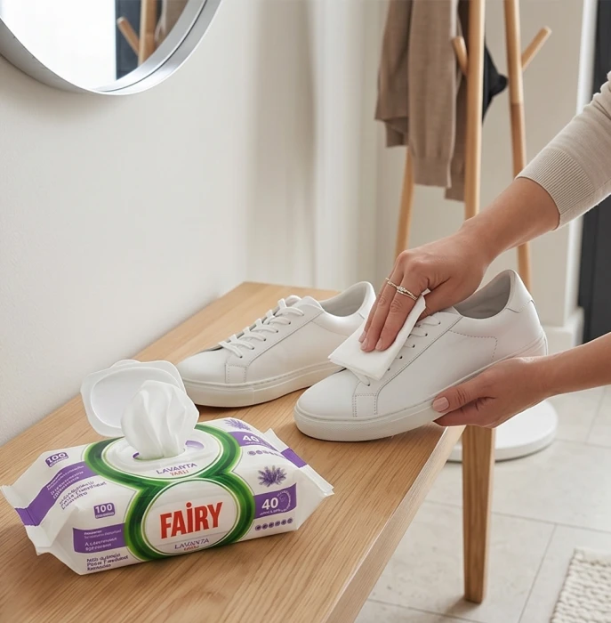 Przecieranie ramy lustra w łazience chusteczkami czyszczącymi Fairy.