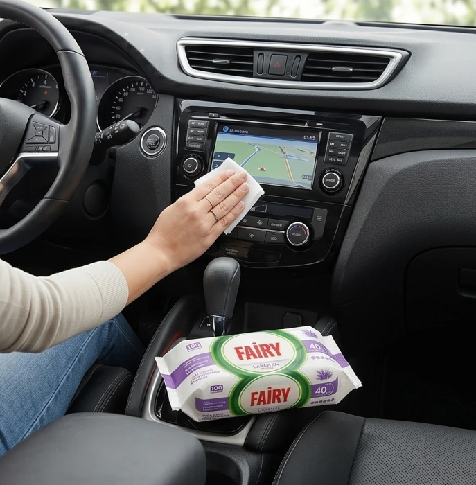 Czyszczenie ekranu w samochodzie chusteczkami czyszczącymi Fairy.