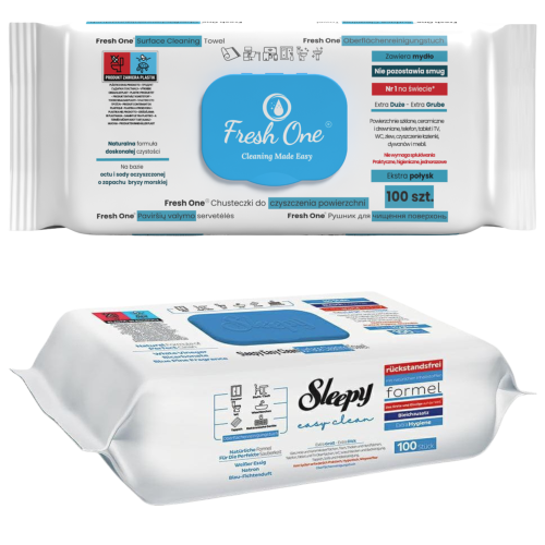 Zestaw uniwersalnych chusteczek czyszczących XXL Fresh One i Sleepy 2 x 100 sztuk.