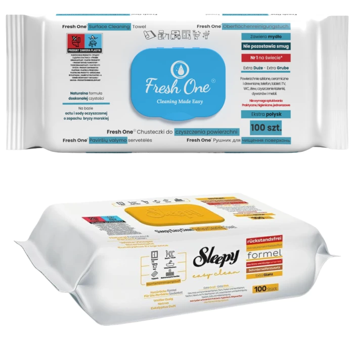 Zestaw uniwersalnych chusteczek czyszczących XXL Fresh One i Sleepy 2 x 100 sztuk.