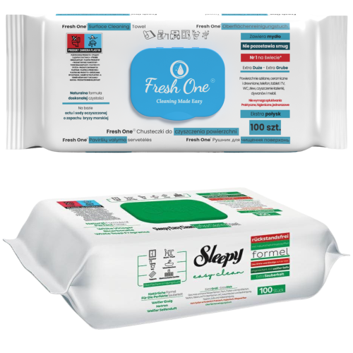Zestaw uniwersalnych chusteczek czyszczących XXL Fresh One i Sleepy 2 x 100 sztuk.