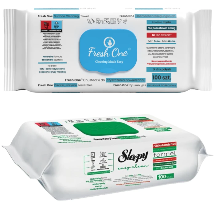 Zestaw uniwersalnych chusteczek czyszczących XXL Fresh One i Sleepy 2 x 100 sztuk.