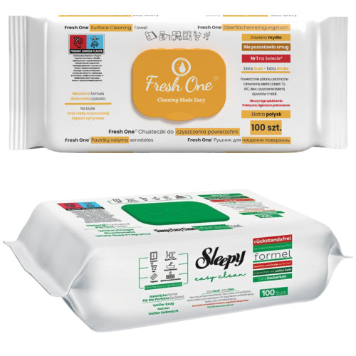 Zestaw uniwersalnych chusteczek czyszczących XXL Fresh One i Sleepy 2 x 100 sztuk.