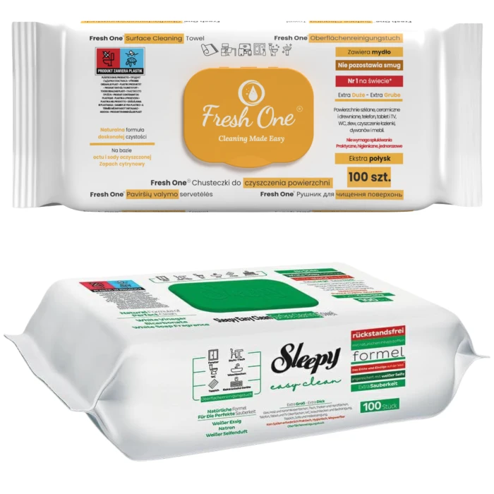 Zestaw uniwersalnych chusteczek czyszczących XXL Fresh One i Sleepy 2 x 100 sztuk.