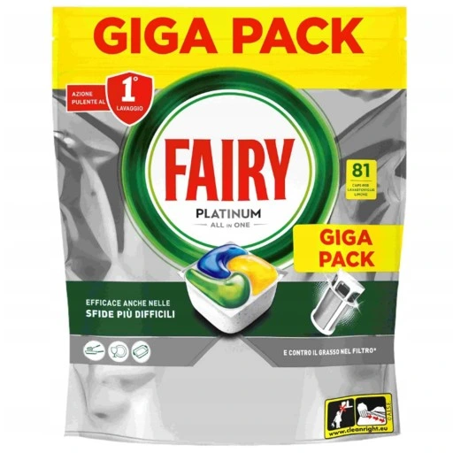 Kapsułki do zmywarki Fairy Platinum All in One Lemon Giga Pack 81 sztuk.