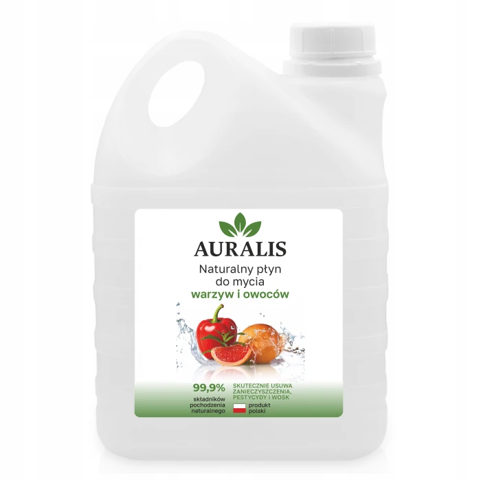 Duży kanister naturalnego płynu do mycia warzyw i owoców Auralis – ekonomiczne opakowanie o pojemności 2L.