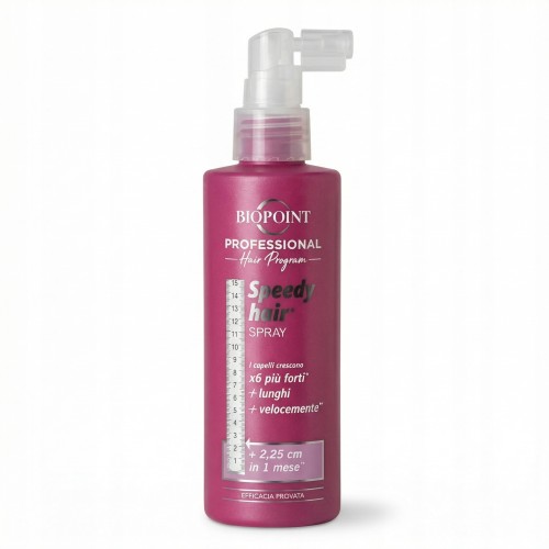 Różowa butelka sprayu przyspieszającego wzrost włosów Biopoint Speedy Hair o pojemności 200 ml.