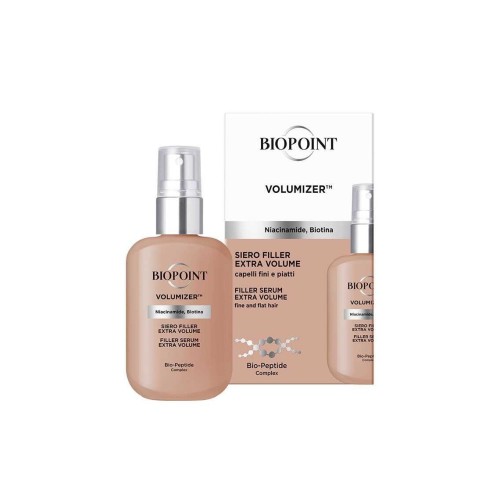 Opakowanie i buteleczka wypełniającego serum do włosów dodającego objętości Biopoint Volumizer Extra Volume o pojemności 50 ml.