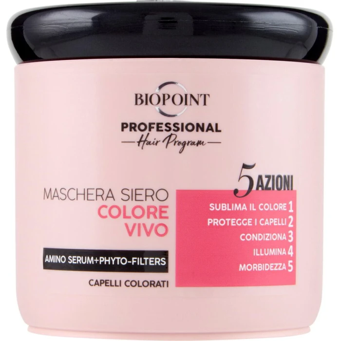 Różowe opakowanie maski-serum do włosów farbowanych Biopoint Colore Vivo 5 Działań z fito-filtrami.