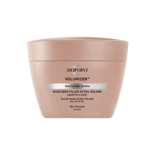 Beżowe opakowanie maski wypełniającej dodającej objętości do włosów cienkich i płaskich Biopoint Volumizer Extra Volume o pojemności 200 ml.