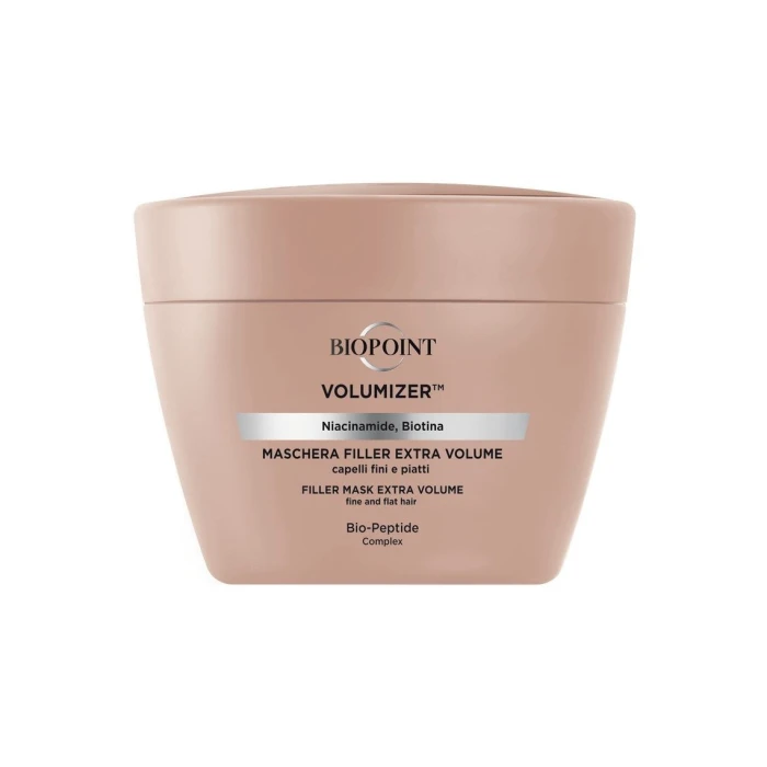 Beżowe opakowanie maski wypełniającej dodającej objętości do włosów cienkich i płaskich Biopoint Volumizer Extra Volume o pojemności 200 ml.