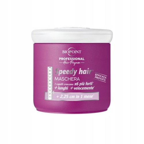 Fuksjowe opakowanie maski przyspieszającej wzrost włosów Biopoint Speedy Hair o pojemności 400 ml z grafiką miarki na etykiecie.